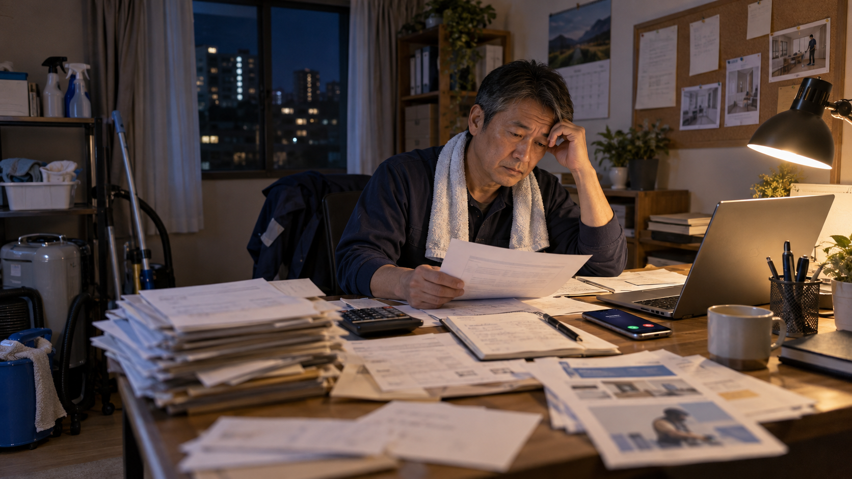自力開業で事務や顧客対応に追われる清掃業オーナー