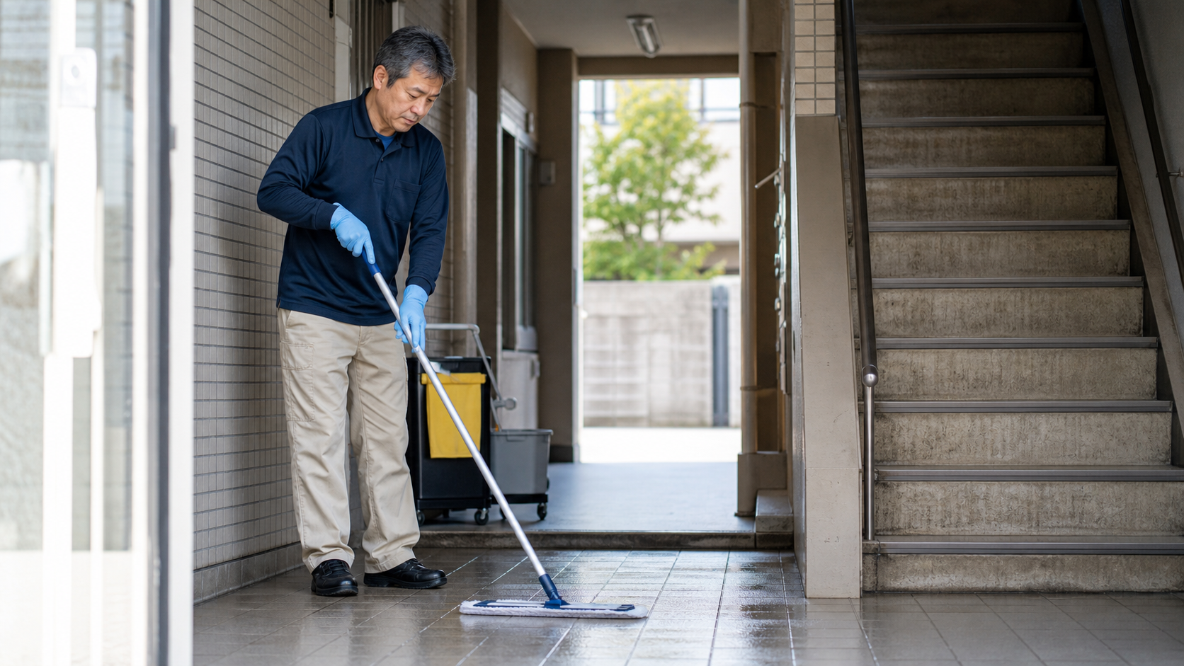 50代から清掃業で独立し、マンション共用部を清掃する男性