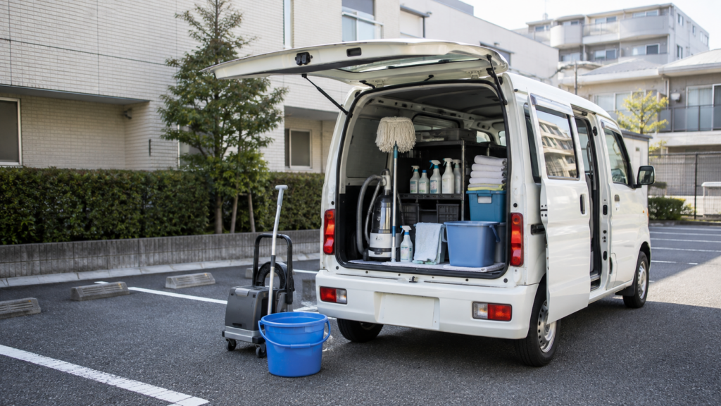 清掃業で使用する軽バンと清掃用品