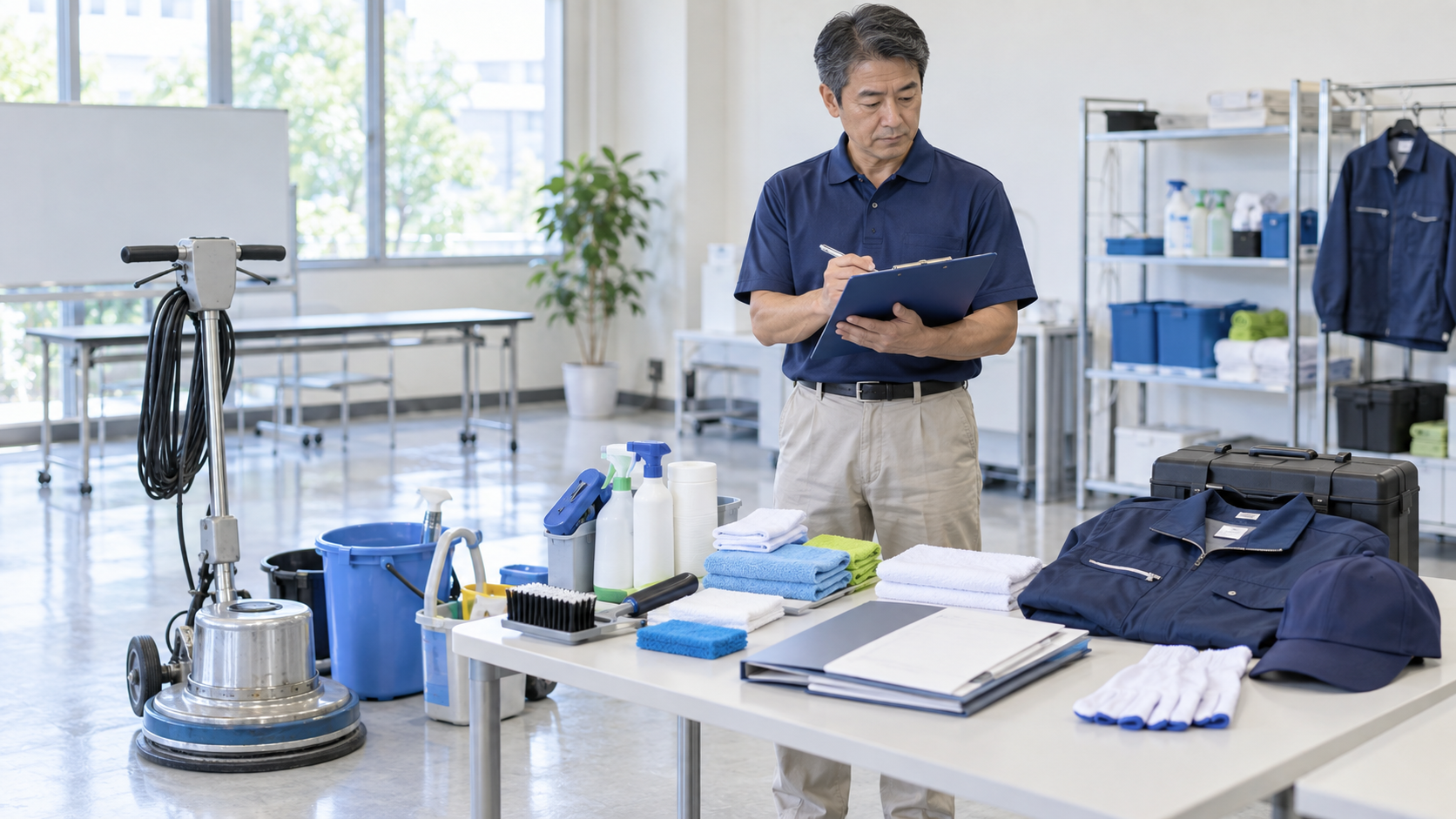 清掃フランチャイズの初期費用と研修・スターターキットを確認する50代男性