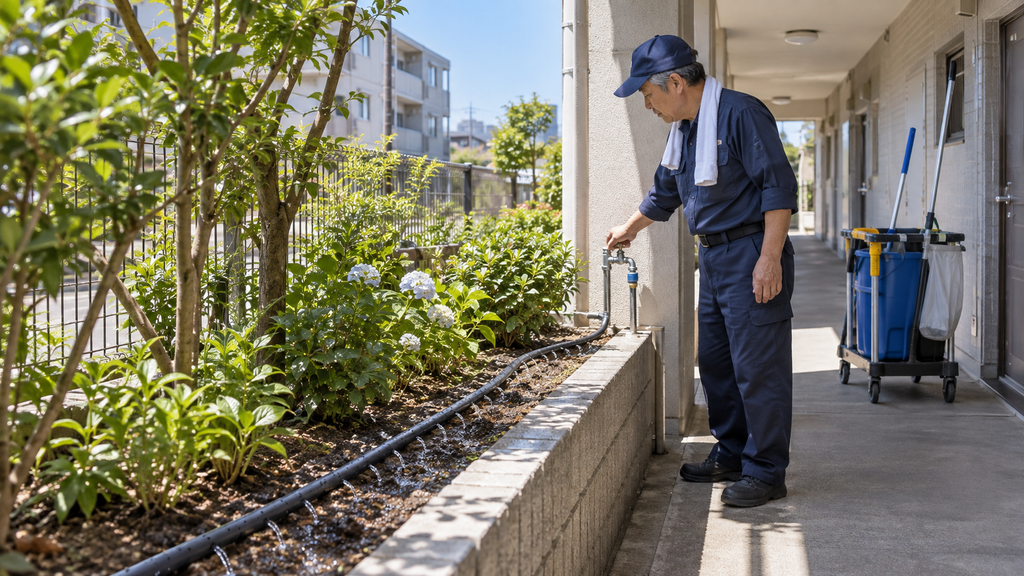 マンションの植栽に自作の散水ホースで水をまく清掃オーナー