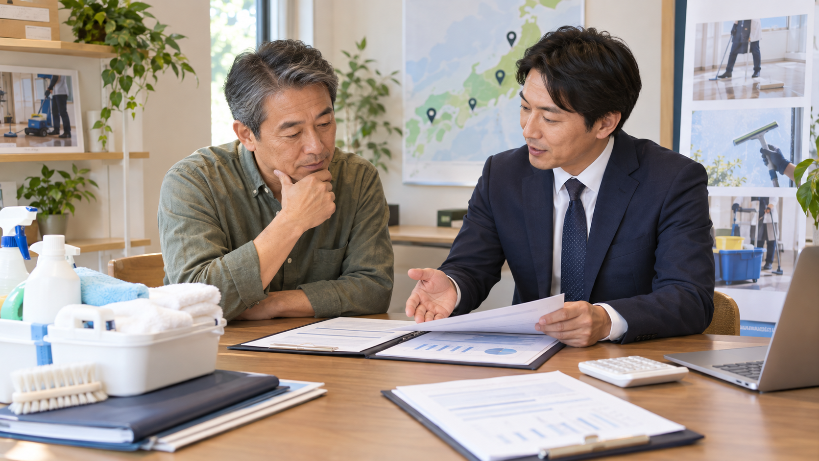 清掃フランチャイズの実質的な初期費用を本部担当者と確認する50代男性